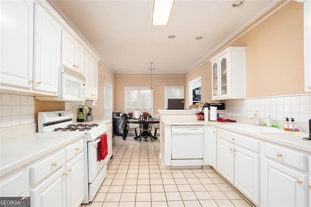 kitchen with white appliances, white cabinets, glass insert cabinets, crown molding, and light tile patterned flooring