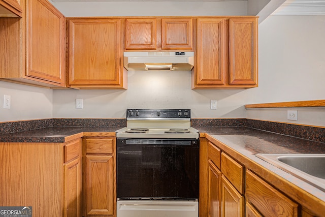 kitchen with white electric range oven and ornamental molding