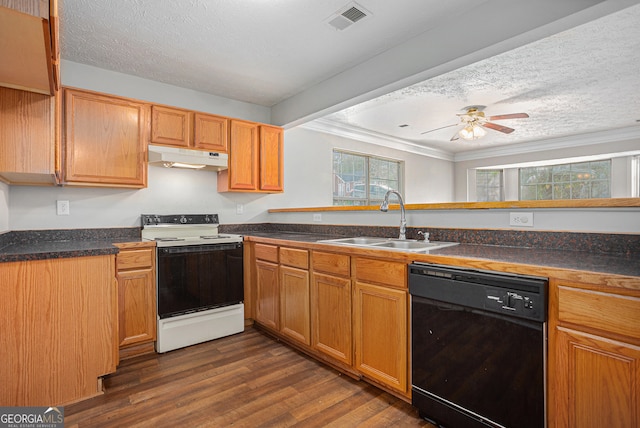 kitchen with dark hardwood / wood-style flooring, ornamental molding, sink, electric range, and black dishwasher