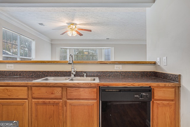 kitchen with dishwasher, a textured ceiling, ornamental molding, and sink