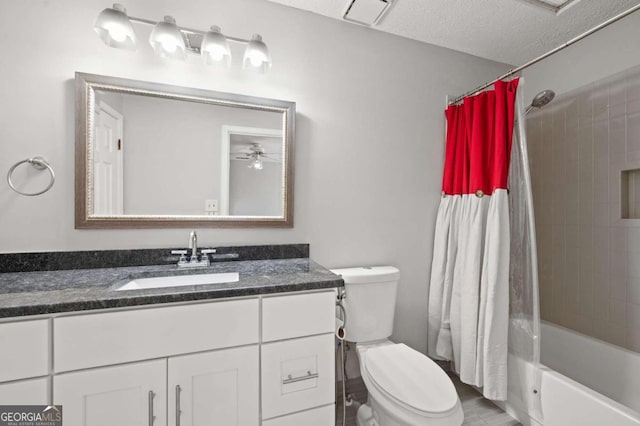 full bathroom with vanity, ceiling fan, toilet, shower / bathtub combination with curtain, and a textured ceiling