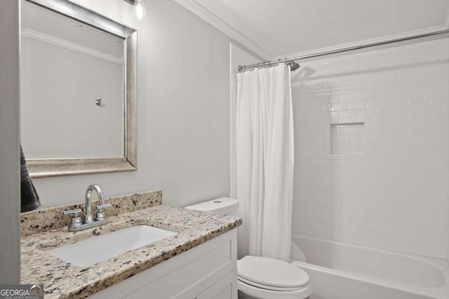 full bathroom featuring vanity, toilet, shower / bathtub combination with curtain, and crown molding