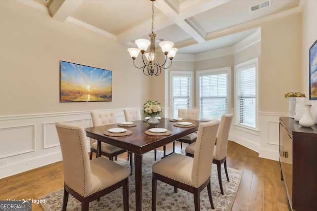 dining space with beamed ceiling, ornamental molding, coffered ceiling, and hardwood / wood-style flooring