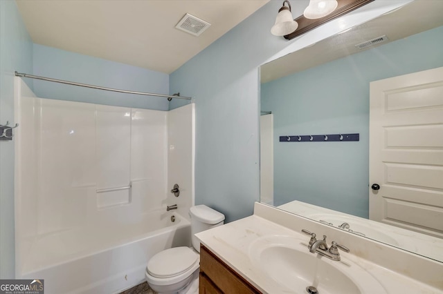 full bathroom with vanity, bathtub / shower combination, and toilet