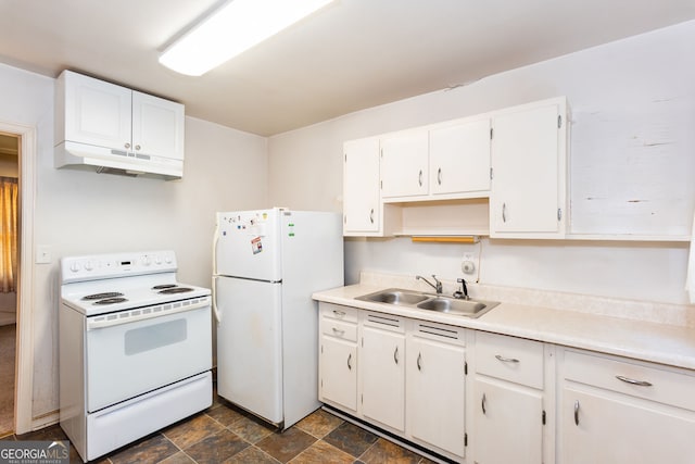 kitchen with white cabinetry, white appliances, and sink