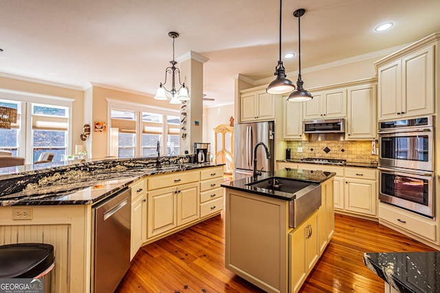 kitchen with stainless steel appliances, hardwood / wood-style floors, and hanging light fixtures