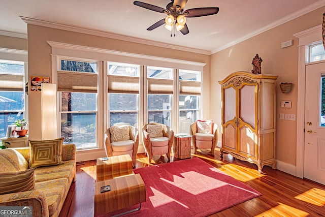 interior space featuring crown molding, hardwood / wood-style floors, and ceiling fan