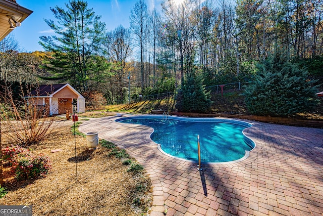 view of swimming pool with a shed and a patio