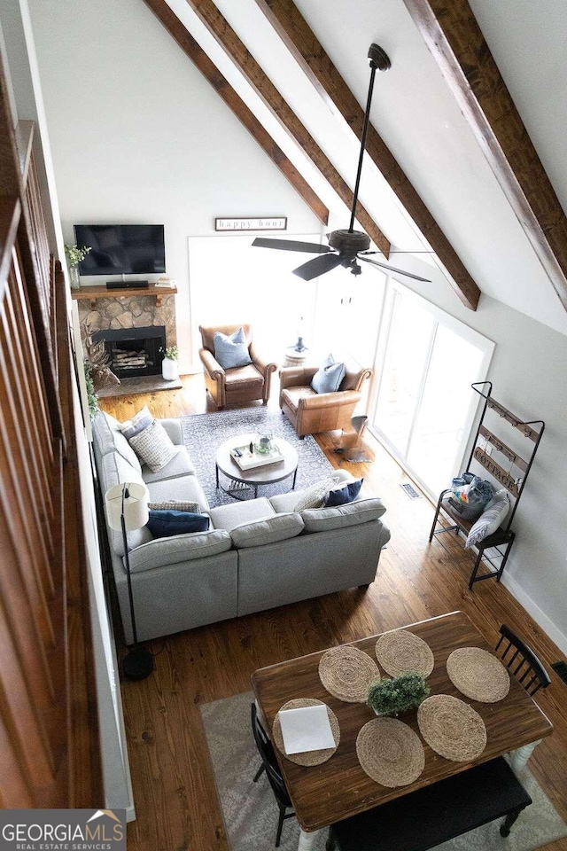 bedroom featuring vaulted ceiling, ceiling fan, and dark hardwood / wood-style flooring