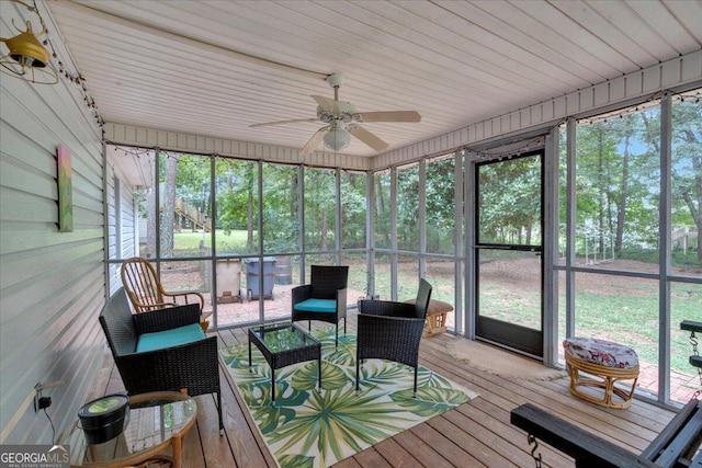 sunroom featuring ceiling fan and wood ceiling