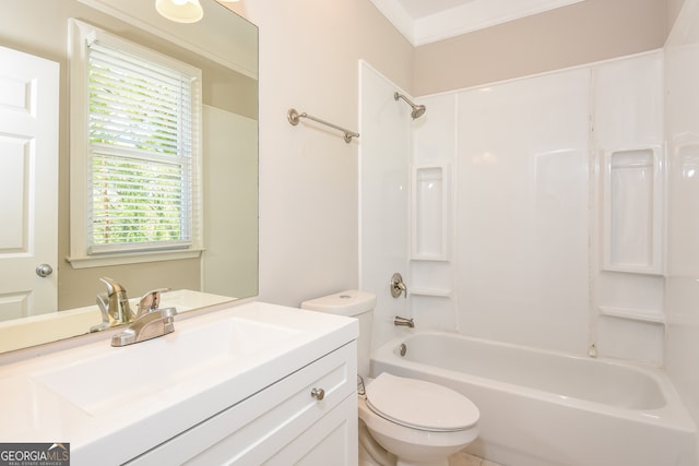 full bathroom with vanity, shower / bathtub combination, toilet, and ornamental molding