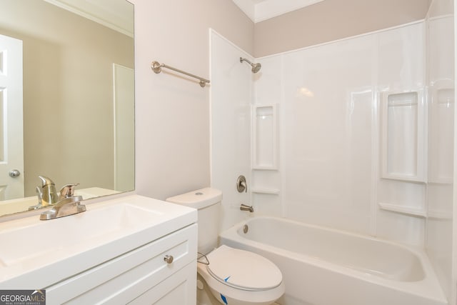 full bathroom with shower / tub combination, crown molding, vanity, and toilet