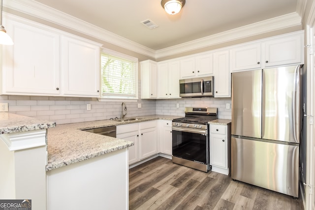 kitchen featuring hardwood / wood-style floors, white cabinets, sink, light stone countertops, and appliances with stainless steel finishes