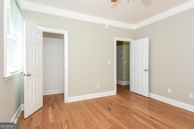 unfurnished bedroom featuring ceiling fan, a walk in closet, light wood-type flooring, and ornamental molding