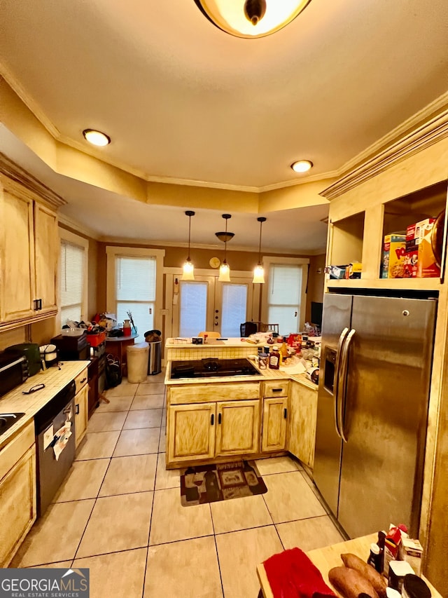 kitchen with kitchen peninsula, appliances with stainless steel finishes, light brown cabinetry, ornamental molding, and pendant lighting