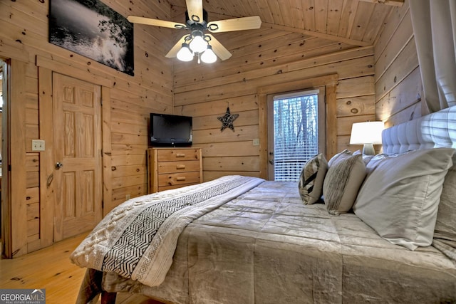 bedroom with ceiling fan, wood walls, wooden ceiling, and light hardwood / wood-style flooring