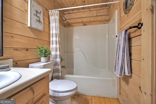 full bathroom with wooden walls, wood ceiling, shower / tub combo, and toilet