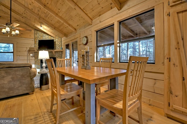 dining space featuring ceiling fan, vaulted ceiling with beams, light hardwood / wood-style flooring, wooden walls, and wood ceiling