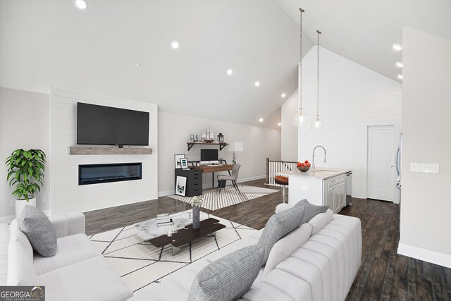 living room featuring a large fireplace, dark hardwood / wood-style flooring, and lofted ceiling