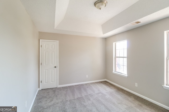 empty room featuring a textured ceiling, light colored carpet, and a tray ceiling