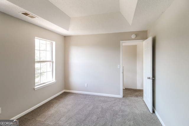 spare room featuring a textured ceiling and light colored carpet