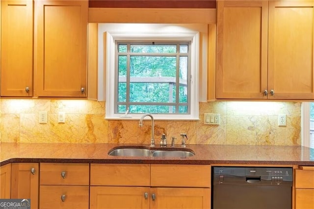 kitchen featuring decorative backsplash, sink, and black dishwasher