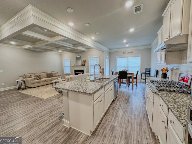 kitchen with stainless steel appliances, a kitchen island with sink, sink, white cabinets, and light hardwood / wood-style floors