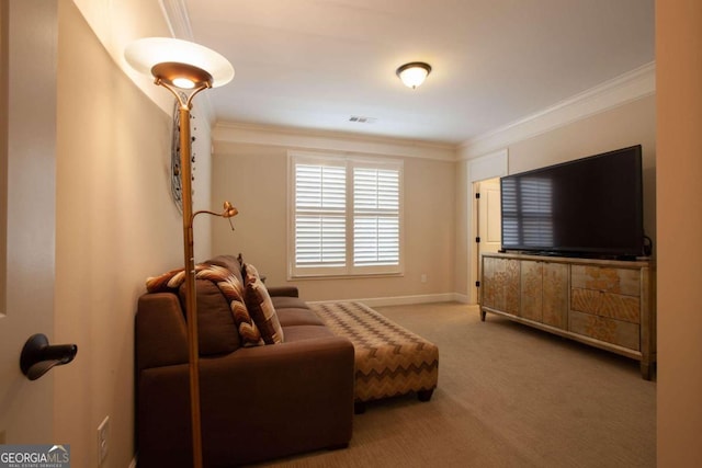 carpeted living room featuring ornamental molding