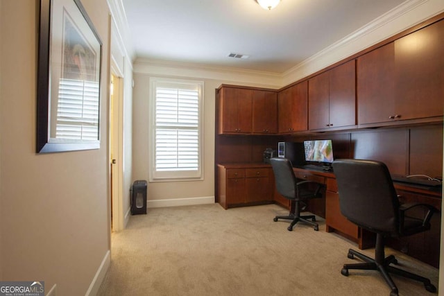 carpeted office with ornamental molding