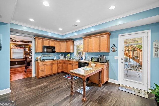 kitchen featuring black appliances, dark hardwood / wood-style floors, and ornamental molding