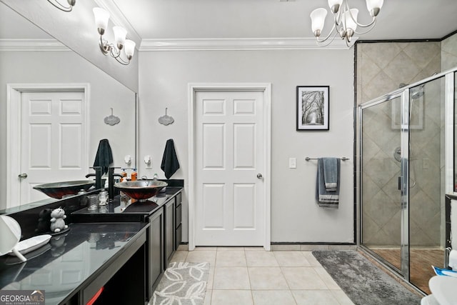 bathroom featuring tile patterned floors, an inviting chandelier, walk in shower, and crown molding