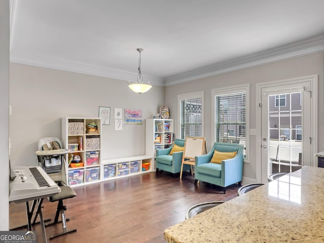 sitting room with crown molding and dark wood-type flooring