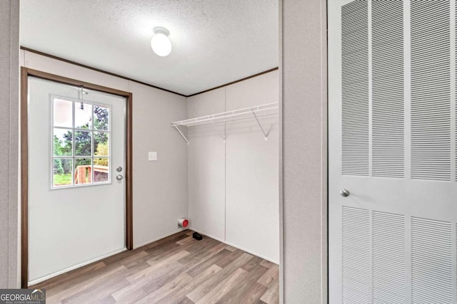 walk in closet with light hardwood / wood-style floors