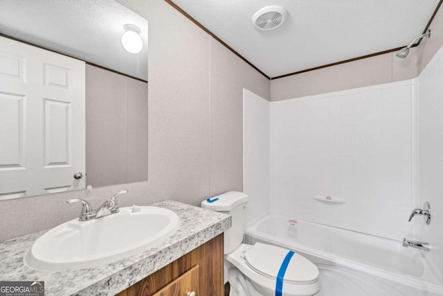 full bathroom with vanity, shower / bathtub combination, toilet, and a textured ceiling