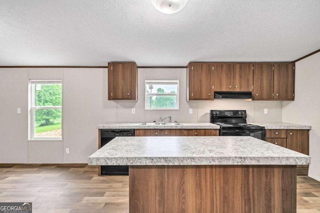 kitchen with black appliances, light hardwood / wood-style floors, and a healthy amount of sunlight