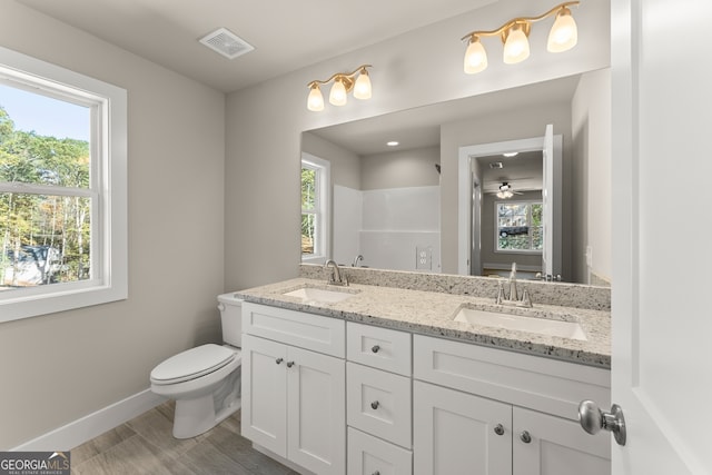 bathroom featuring vanity, ceiling fan, a shower, and a wealth of natural light