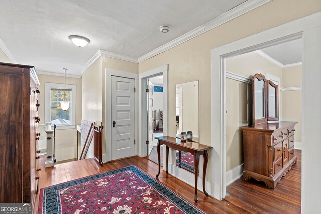 foyer entrance with dark hardwood / wood-style floors and ornamental molding