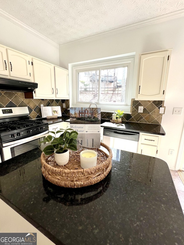 kitchen featuring white cabinetry, crown molding, tasteful backsplash, a textured ceiling, and stainless steel appliances