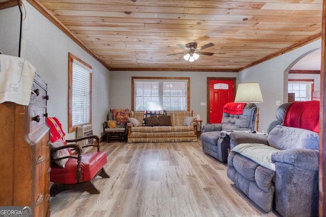 living room featuring ceiling fan, light wood-type flooring, wooden ceiling, and crown molding