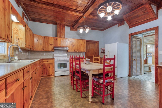 kitchen featuring sink, hanging light fixtures, wooden ceiling, white appliances, and decorative backsplash