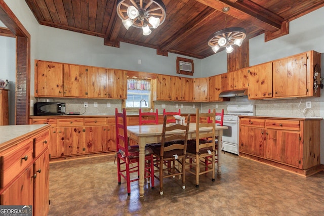 kitchen with beam ceiling, white range with gas cooktop, wooden ceiling, and decorative light fixtures