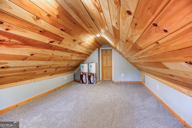 bonus room featuring carpet floors, wood ceiling, and vaulted ceiling