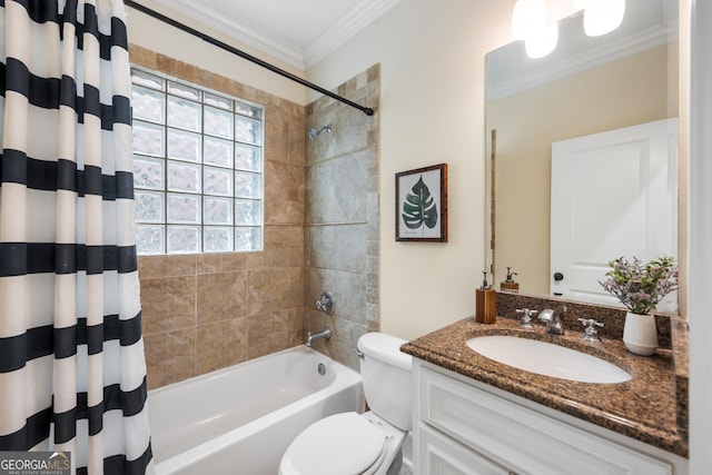 full bathroom with crown molding, toilet, vanity, and shower / bath combo with shower curtain