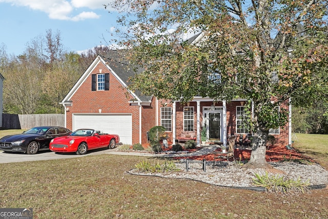 view of front of house with a front yard and a garage