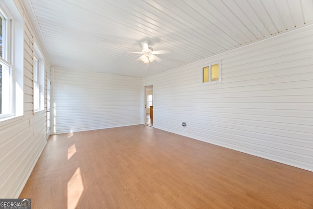 empty room with light hardwood / wood-style floors, ceiling fan, and wooden ceiling