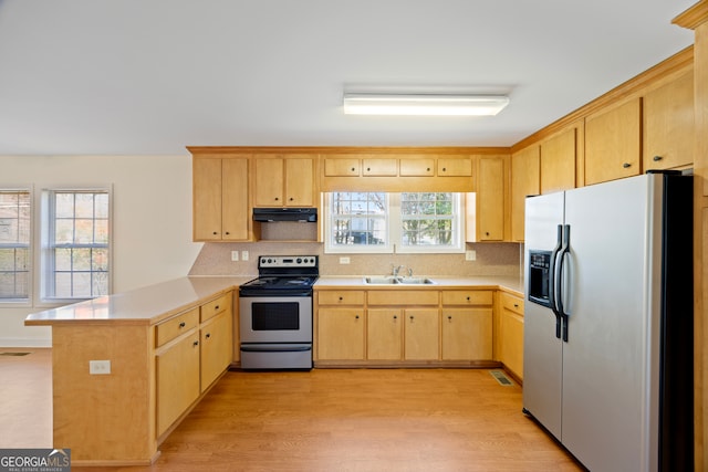 kitchen featuring sink, tasteful backsplash, light hardwood / wood-style floors, kitchen peninsula, and stainless steel appliances