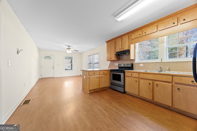 kitchen featuring kitchen peninsula, light wood-type flooring, stainless steel range with electric stovetop, ceiling fan, and sink