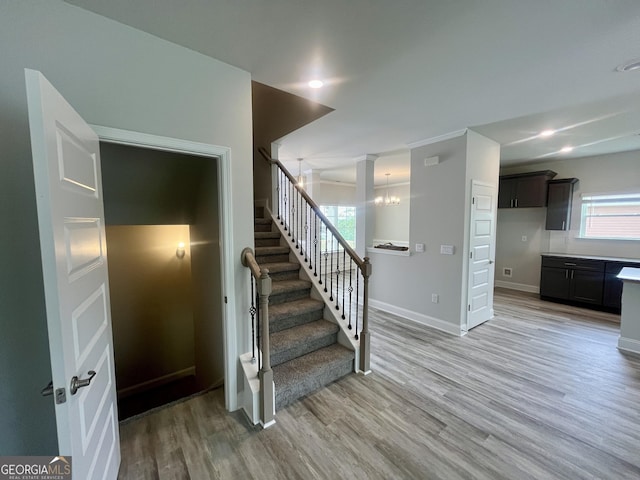 209 Shoreline Way Lot A19, Plan, Macon, GA 31220 - stairs with wood finished floors, baseboards, recessed lighting, and a chandelier
