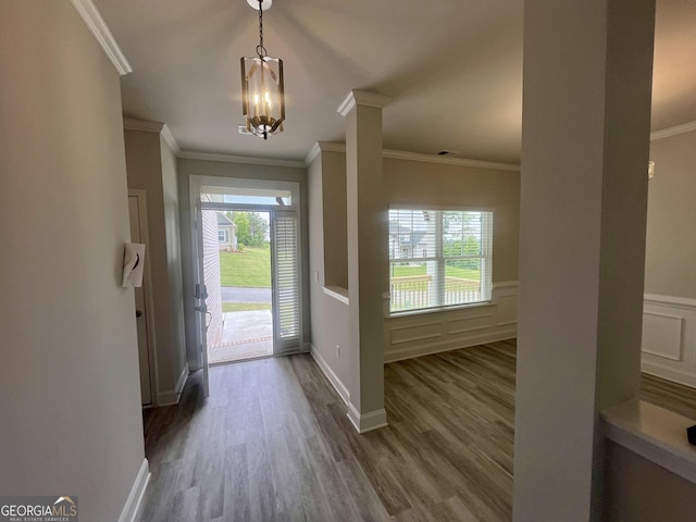 209 Shoreline Way Lot A19, Plan, Macon, GA 31220 - foyer entrance with wood finished floors, crown molding, a chandelier, and a wainscoted wall