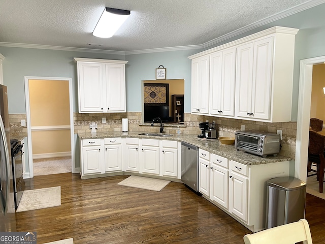 kitchen with white cabinets, stainless steel dishwasher, dark wood-type flooring, and sink